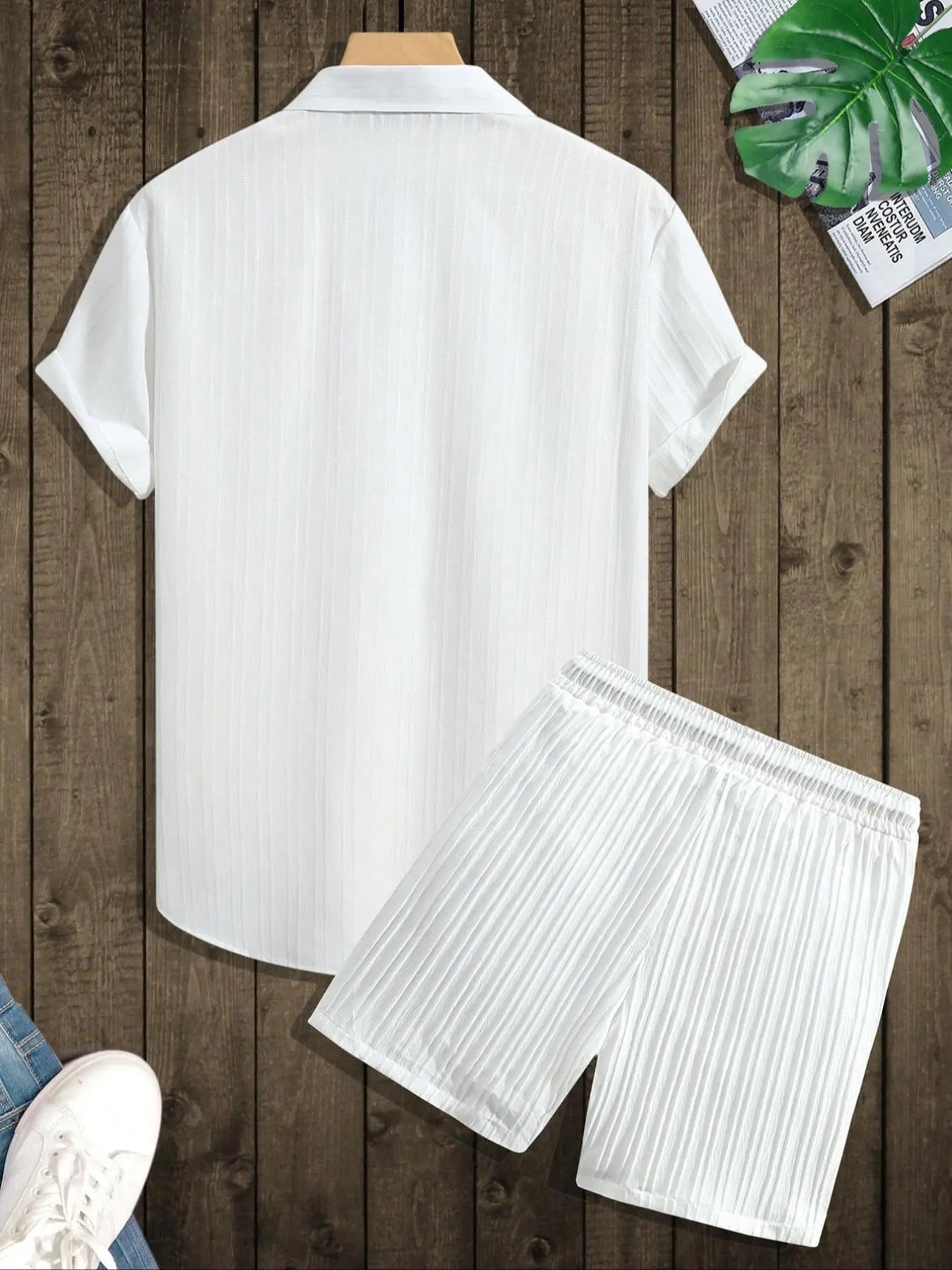 🔥Father's Day 50% OFF🎁Two-Piece Set Men's Regular Fit Solid Textured Short Sleeve Shirt & Shorts