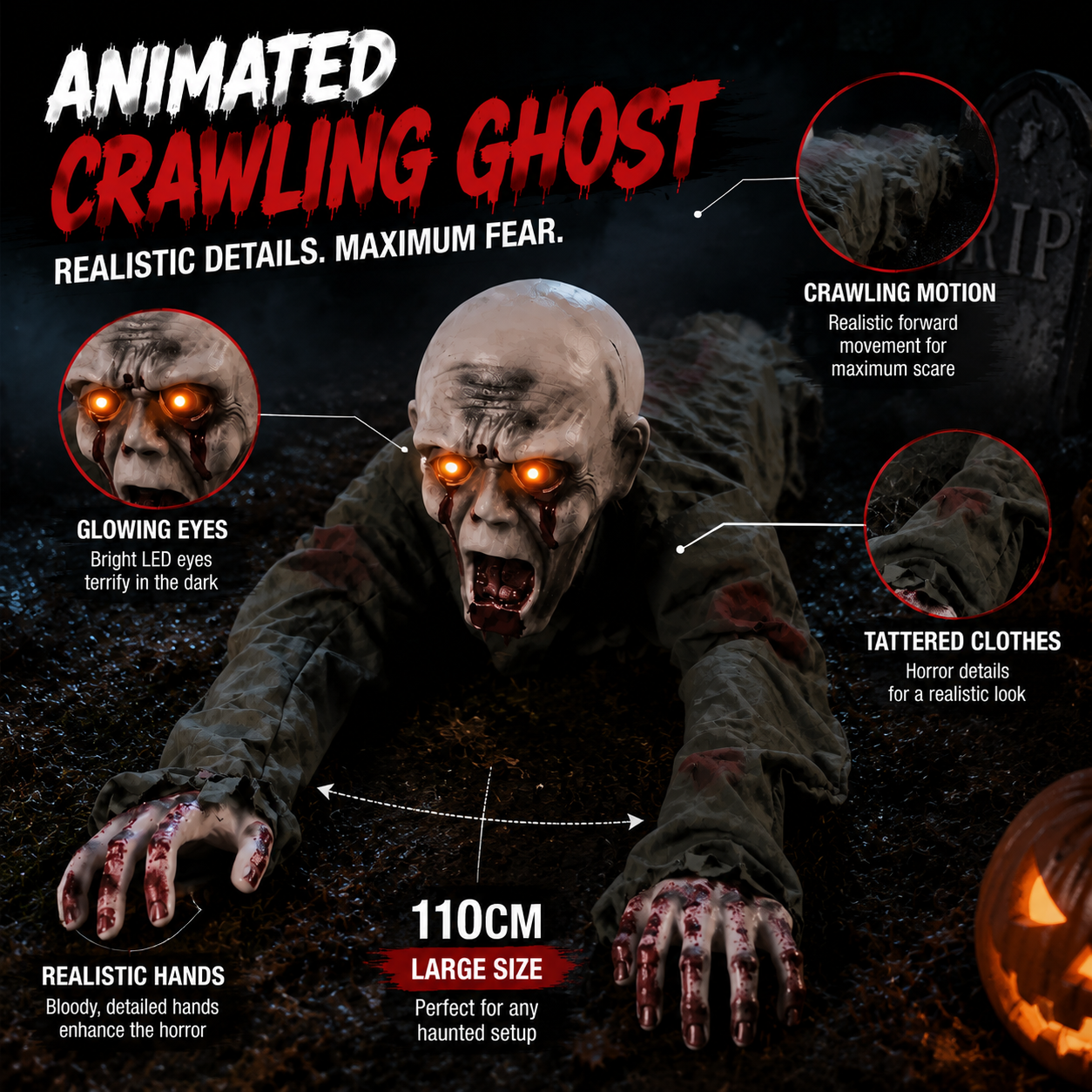 π Limited-Time 50%OFF Halloween Sale | Animated Crawling Ghost with Glowing Eyes β 110cm Horror Decoration
