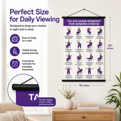 Chair Tai Chi Workout Poster for Seniors – 16 Seated Exercises for Balance & Flexibility (16×24 in)