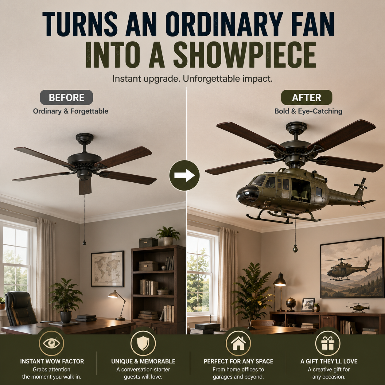 🛩️ Military Helicopter Ceiling Fan Decor – Realistic Hanging Ornament for Man Cave & Home