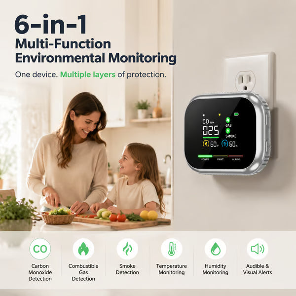 🏠Smart 6-in-1 Gas Detector – CO Smoke & Gas Leak Alarm With LCD Display