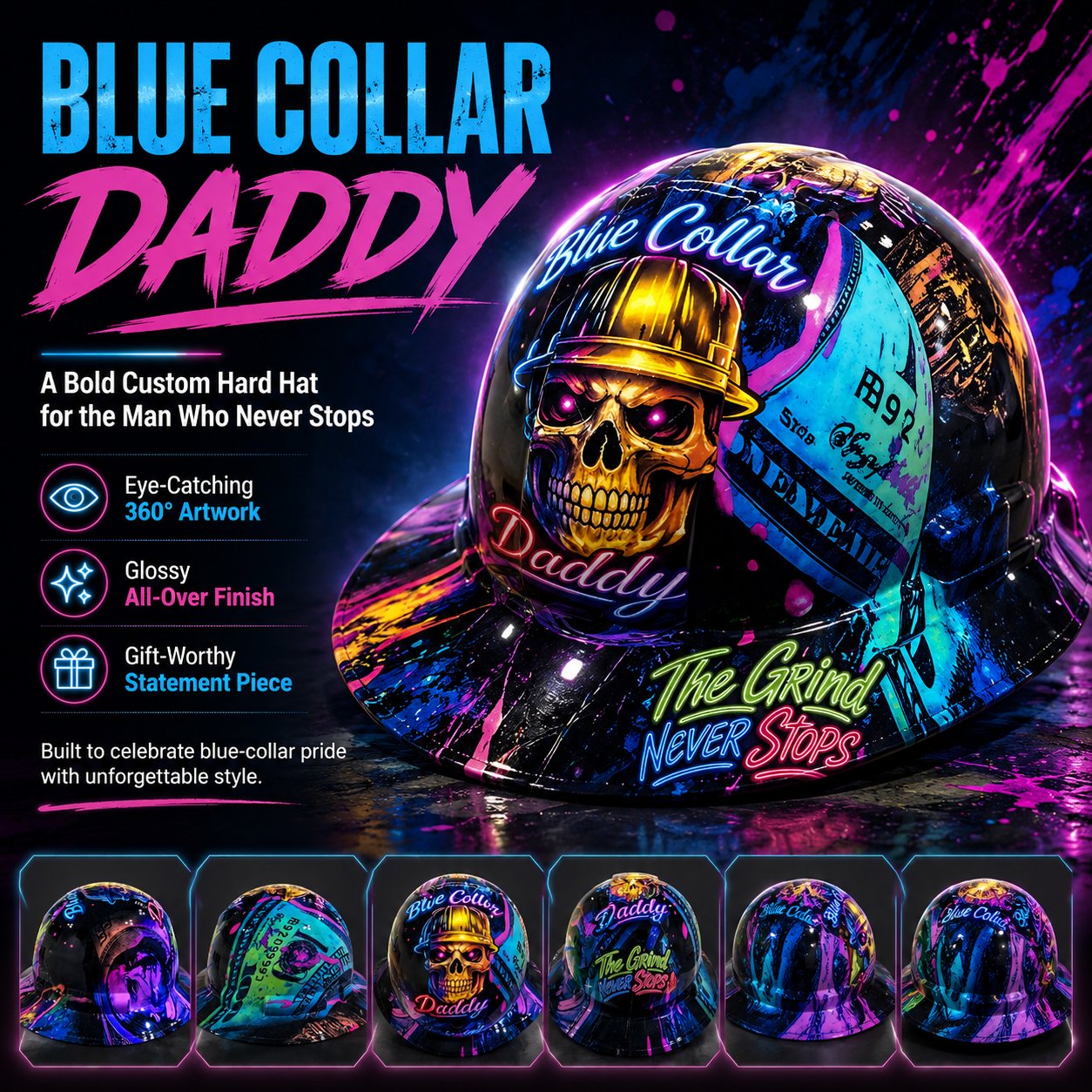 ⚡Father‘s Day 50% OFF 👷‍♂️ Blue Collar Daddy Hydro-Dipped Hard Hat | Industrial Rigid Impact-Resistant Safety Helmet with Full-Wrap Gloss Artwork