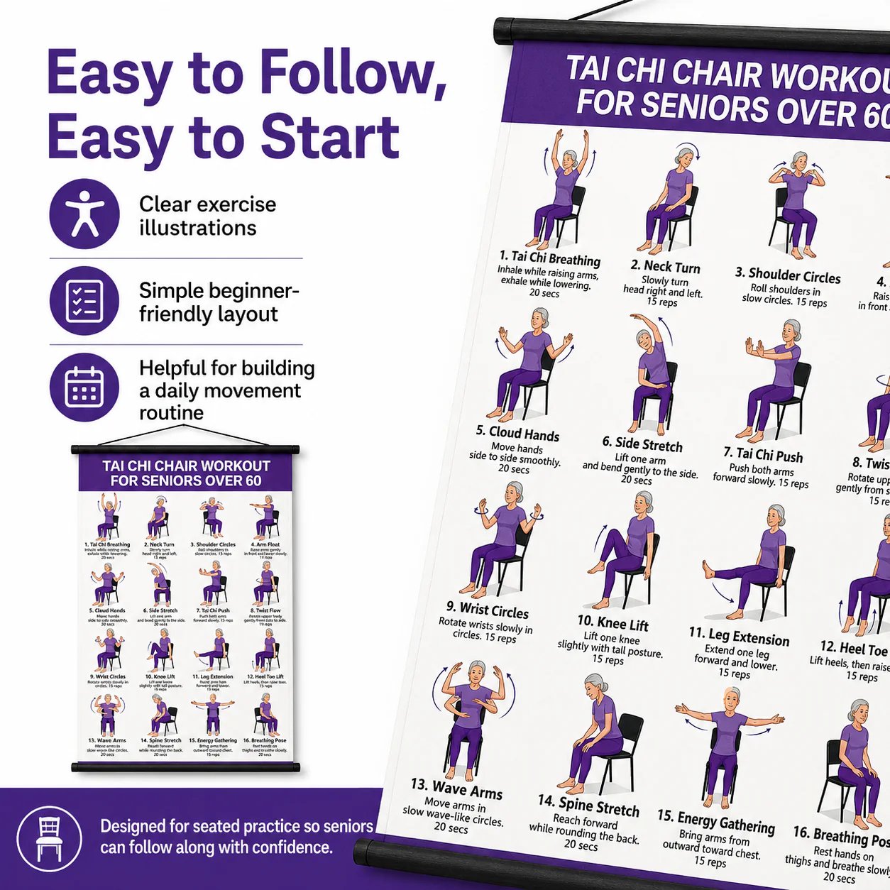 Chair Tai Chi Workout Poster for Seniors – 16 Seated Exercises for Balance & Flexibility (16×24 in)