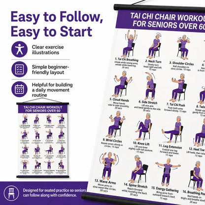 Chair Tai Chi Workout Poster for Seniors – 16 Seated Exercises for Balance & Flexibility (16×24 in)