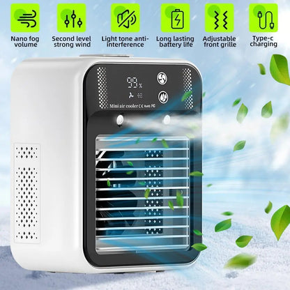 Portable Air Conditioner 3-in-1 Fan with 2 Mist Speeds – Personal Evaporative Cooler for Bedroom, Office & Camping, 1800mAh Battery & 500ml Tank Air Cooler Fan
