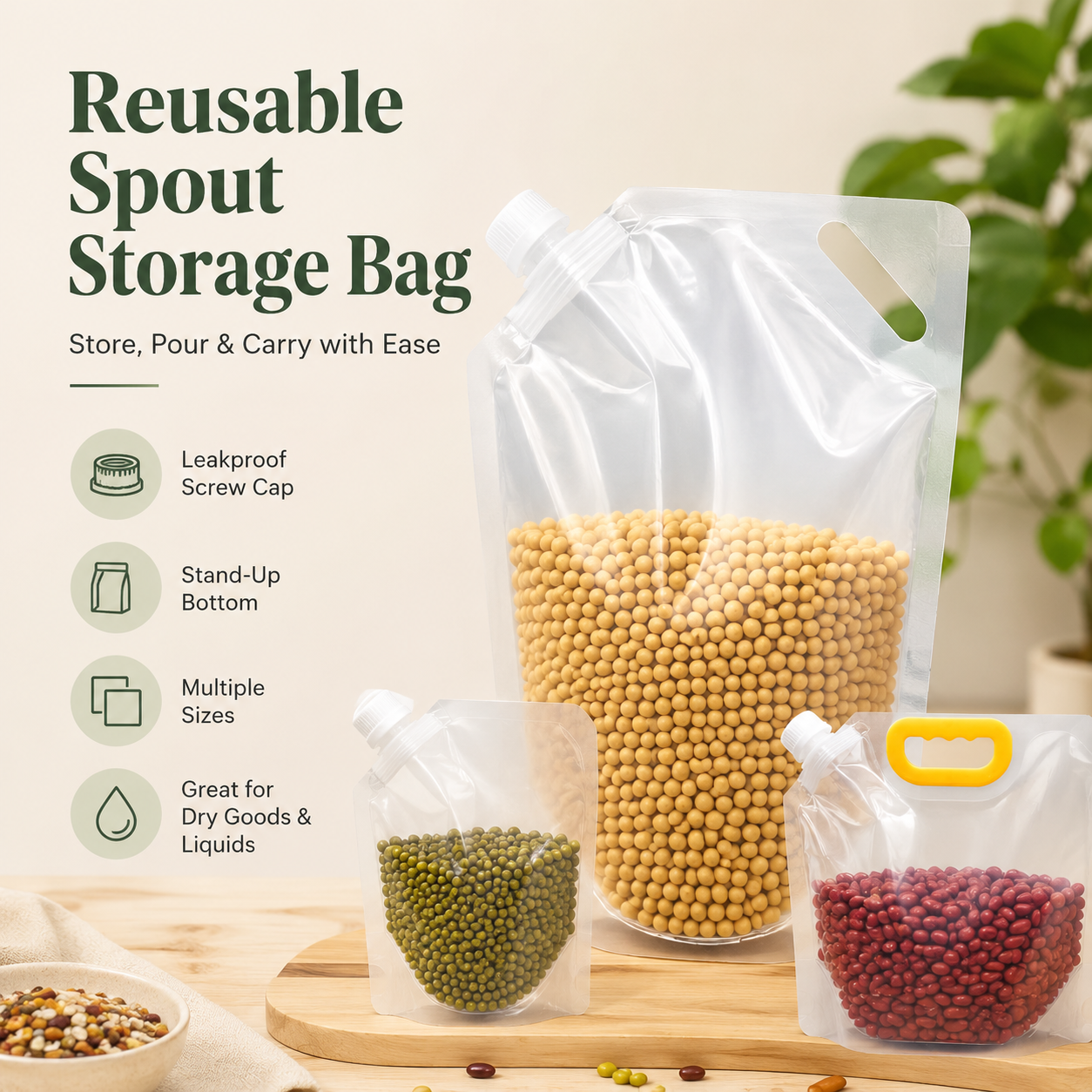 Safe, environmentally friendly Reusable Spout Storage Bag for Rice, Grains & Dry Goods – Easy Pour Pantry Organizer