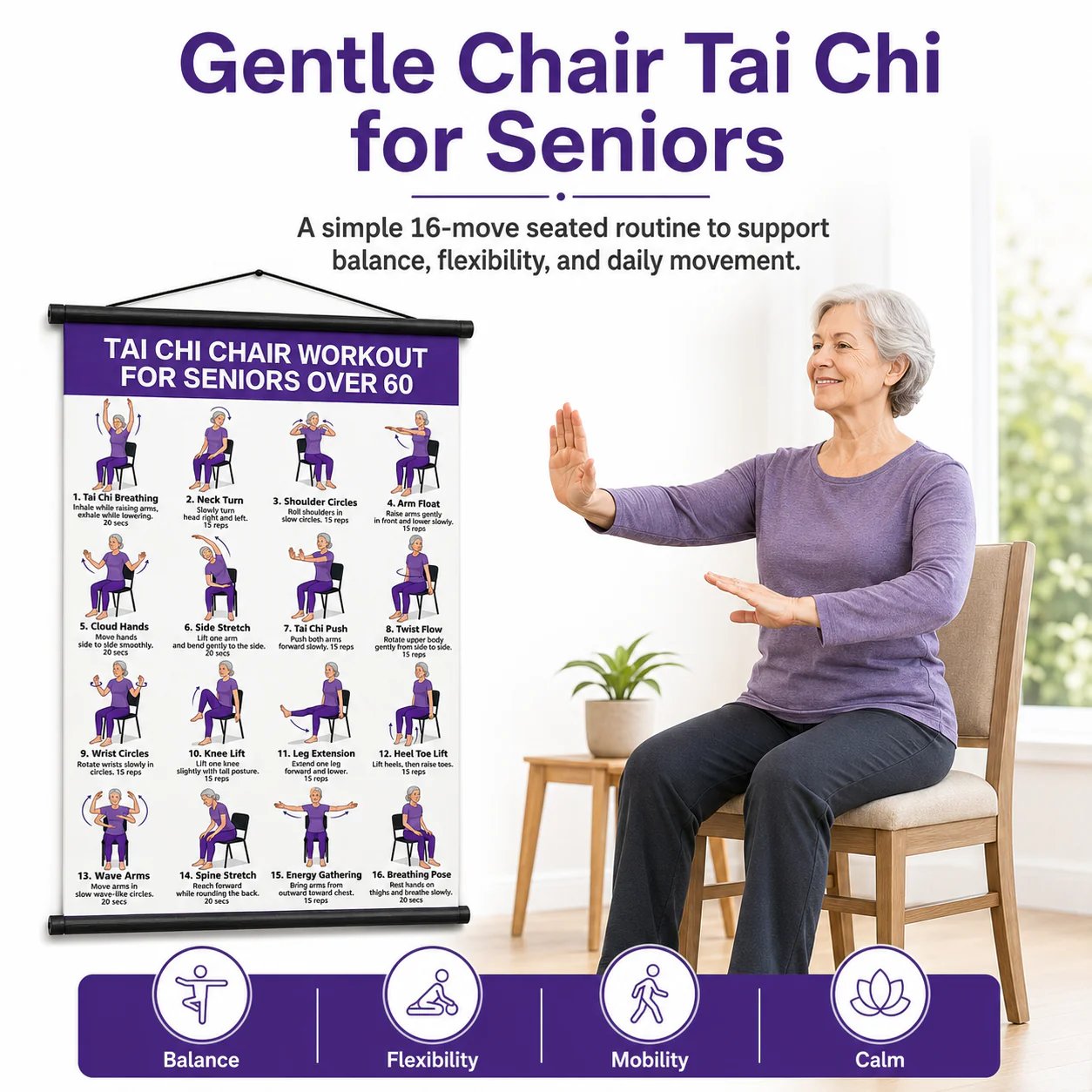 Chair Tai Chi Workout Poster for Seniors – 16 Seated Exercises for Balance & Flexibility (16×24 in)
