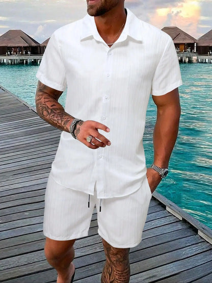 🔥Father's Day 50% OFF🎁Two-Piece Set Men's Regular Fit Solid Textured Short Sleeve Shirt & Shorts