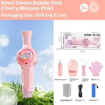 Elastic Smoke Bubble Machine for Kids - Rechargeable Magic Bubble Wand with Lights & Sound, Includes Gloves & Spill-Proof Cup, Safe Bubble Solution, Green & Pink