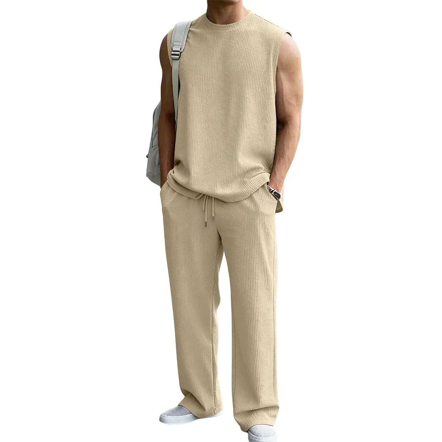 ⚡Hot Sales 49% OFF🔥Men's 2 Piece Rib Knit Sweatsuit Summer Sleeveless Tank Top Baggy Wide Leg Pants Set