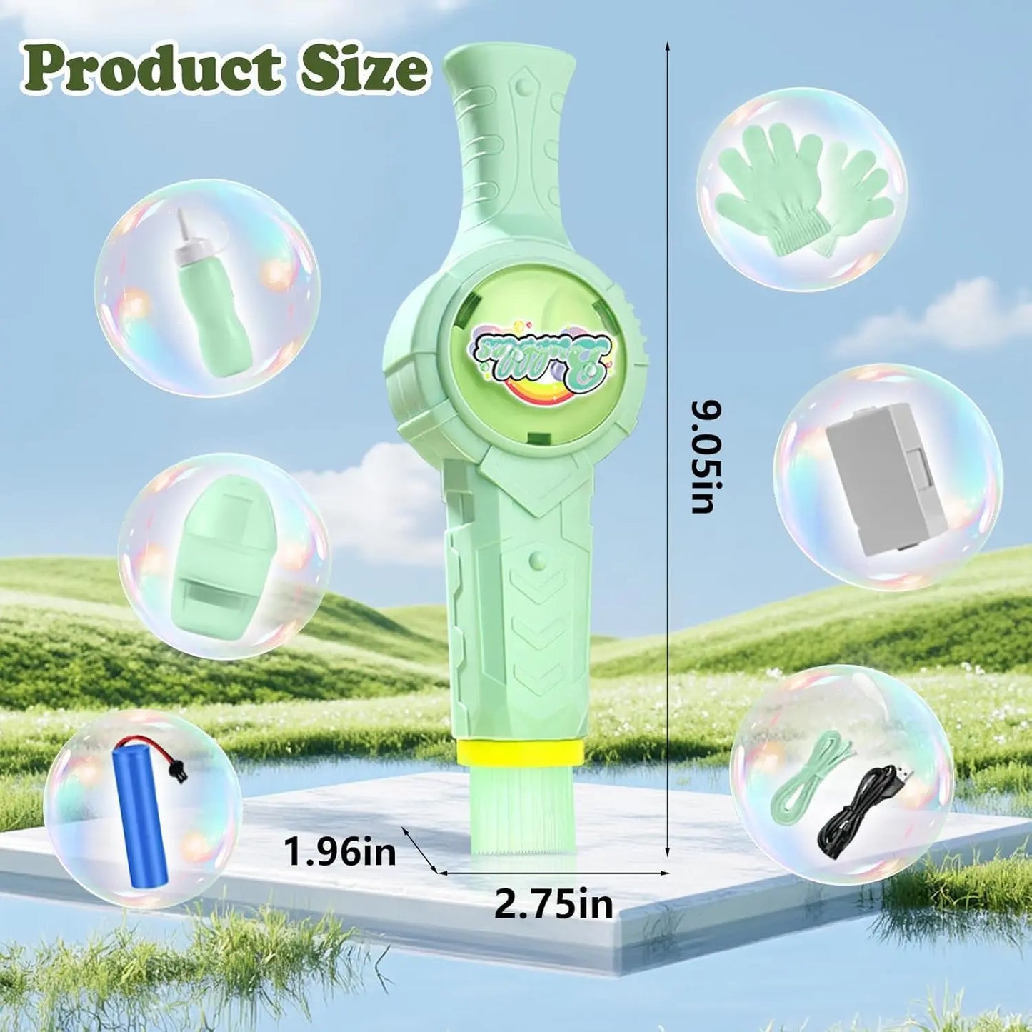 Elastic Smoke Bubble Machine for Kids - Rechargeable Magic Bubble Wand with Lights & Sound, Includes Gloves & Spill-Proof Cup, Safe Bubble Solution, Green & Pink