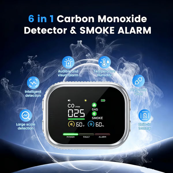 🏠Smart 6-in-1 Gas Detector – CO Smoke & Gas Leak Alarm With LCD Display
