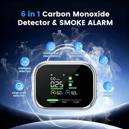 🏠Smart 6-in-1 Gas Detector – CO Smoke & Gas Leak Alarm With LCD Display