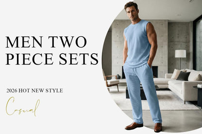 ⚡Hot Sales 49% OFF🔥Men's 2 Piece Rib Knit Sweatsuit Summer Sleeveless Tank Top Baggy Wide Leg Pants Set