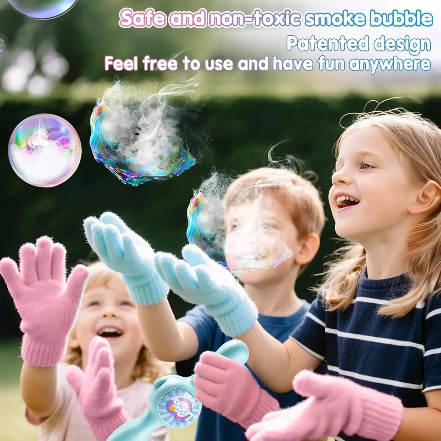 Elastic Smoke Bubble Machine for Kids - Rechargeable Magic Bubble Wand with Lights & Sound, Includes Gloves & Spill-Proof Cup, Safe Bubble Solution, Green & Pink