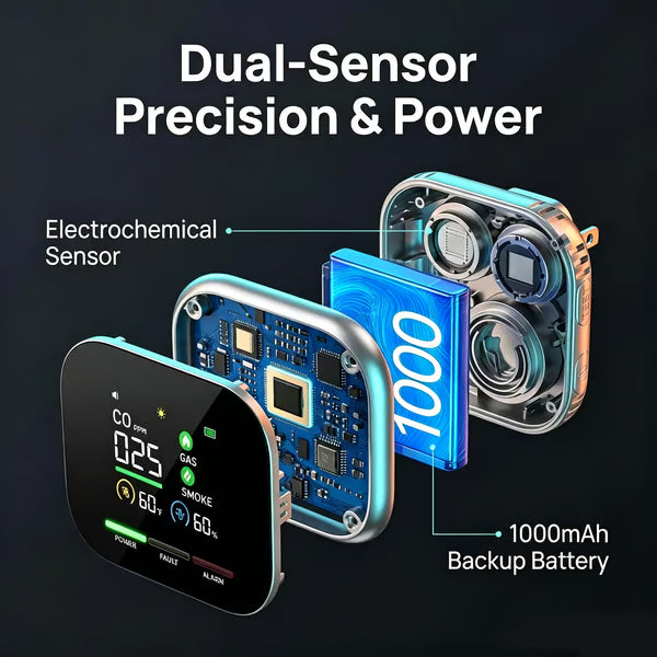 🏠Smart 6-in-1 Gas Detector – CO Smoke & Gas Leak Alarm With LCD Display