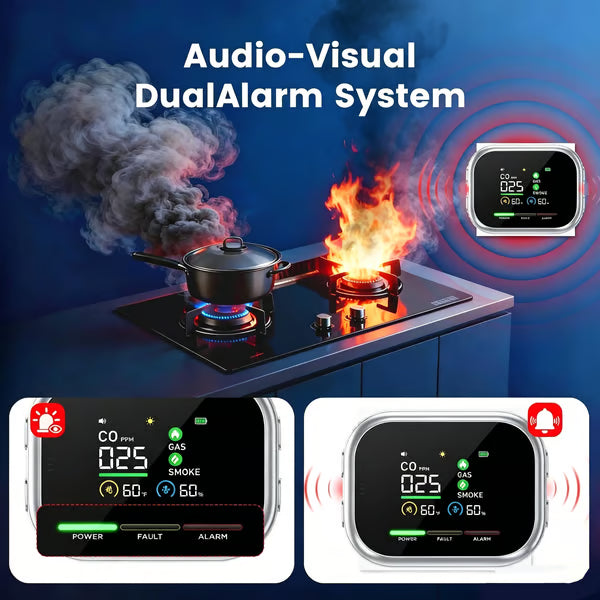 🏠Smart 6-in-1 Gas Detector – CO Smoke & Gas Leak Alarm With LCD Display