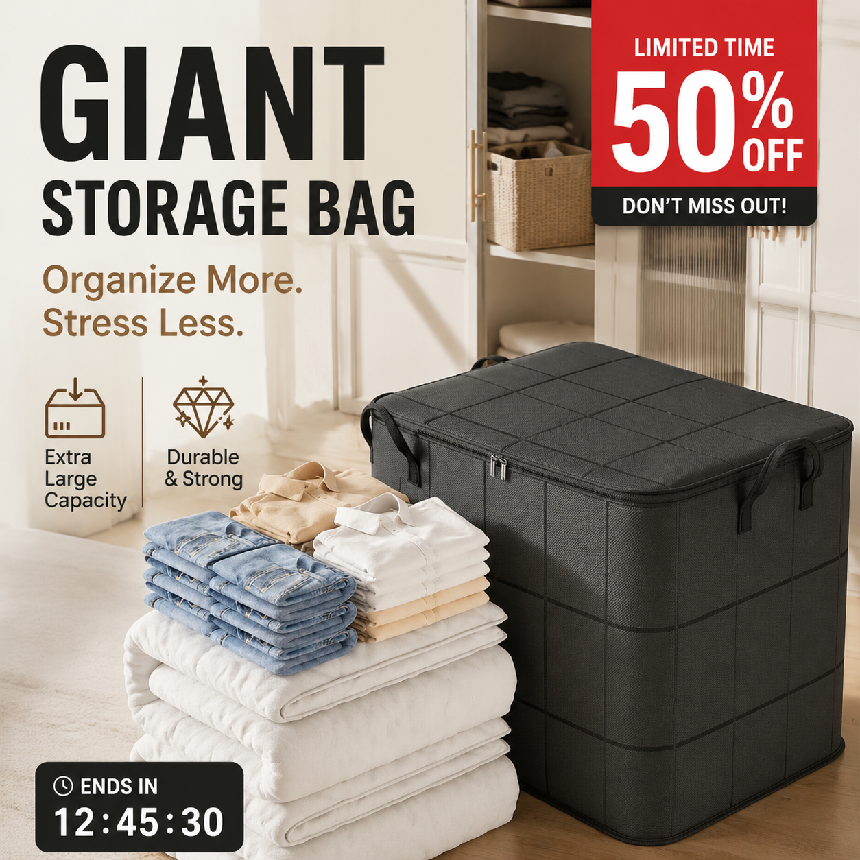 Giant storage bag – instantly enjoy a clean and organized home.