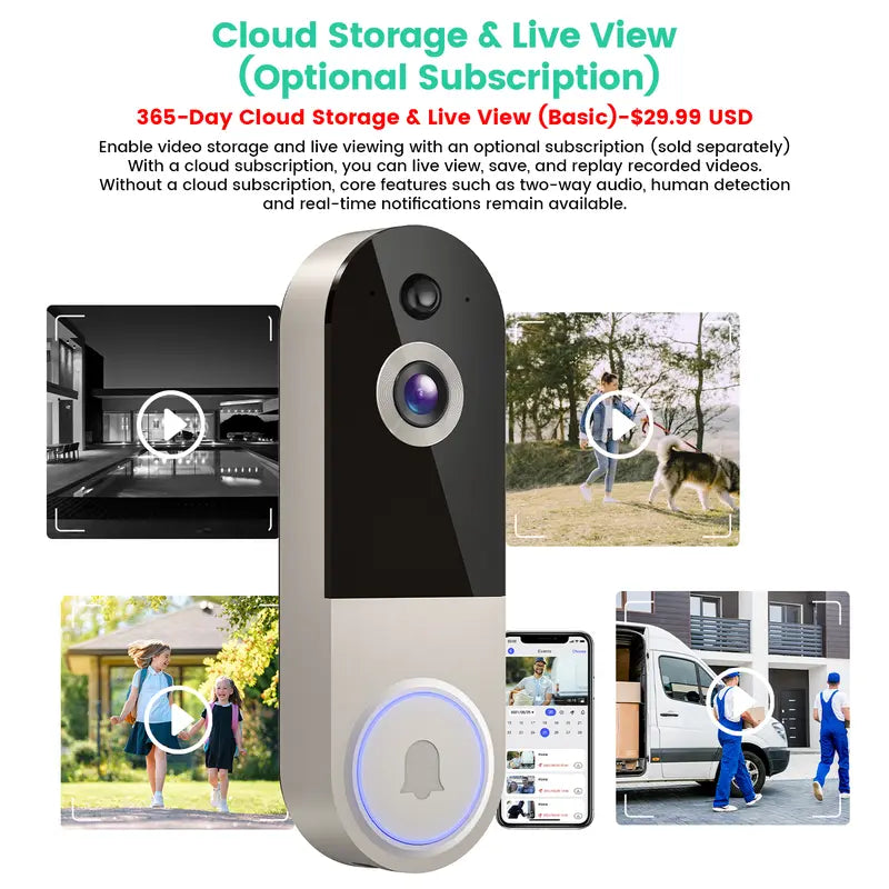 Wireless 1080P Smart Video Doorbell Camera with Two-Way Audio & AI Human Detection
