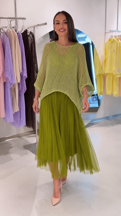 Open-Knit Poncho Top & Pleated Tulle Midi Skirt Set