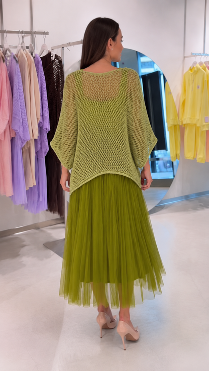 Open-Knit Poncho Top & Pleated Tulle Midi Skirt Set
