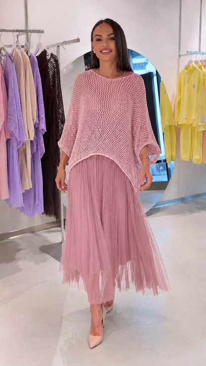Open-Knit Poncho Top & Pleated Tulle Midi Skirt Set
