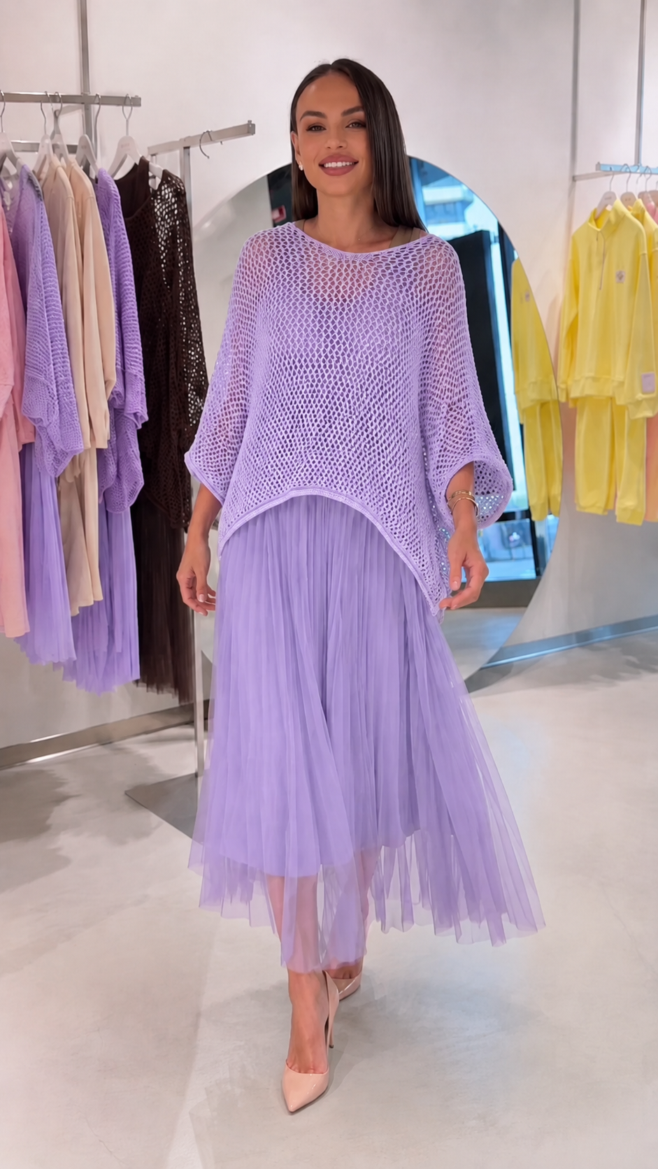 Open-Knit Poncho Top & Pleated Tulle Midi Skirt Set