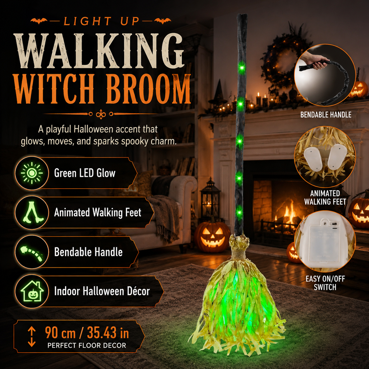 Light Up Walking Witch Broom | Animated Halloween Decor