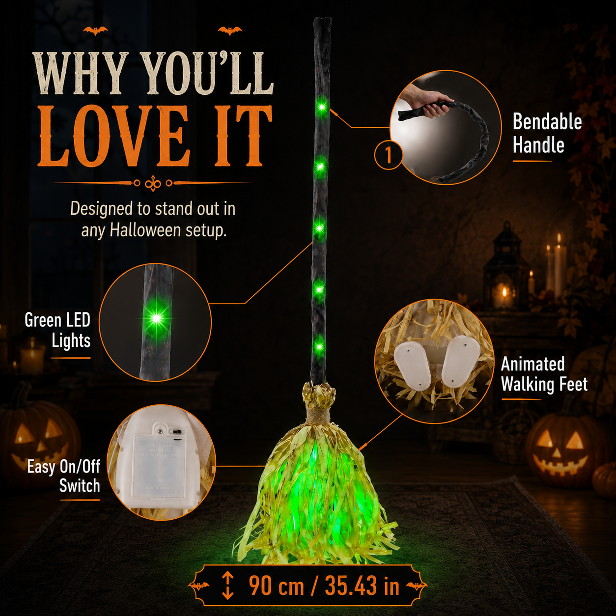Light Up Walking Witch Broom | Animated Halloween Decor