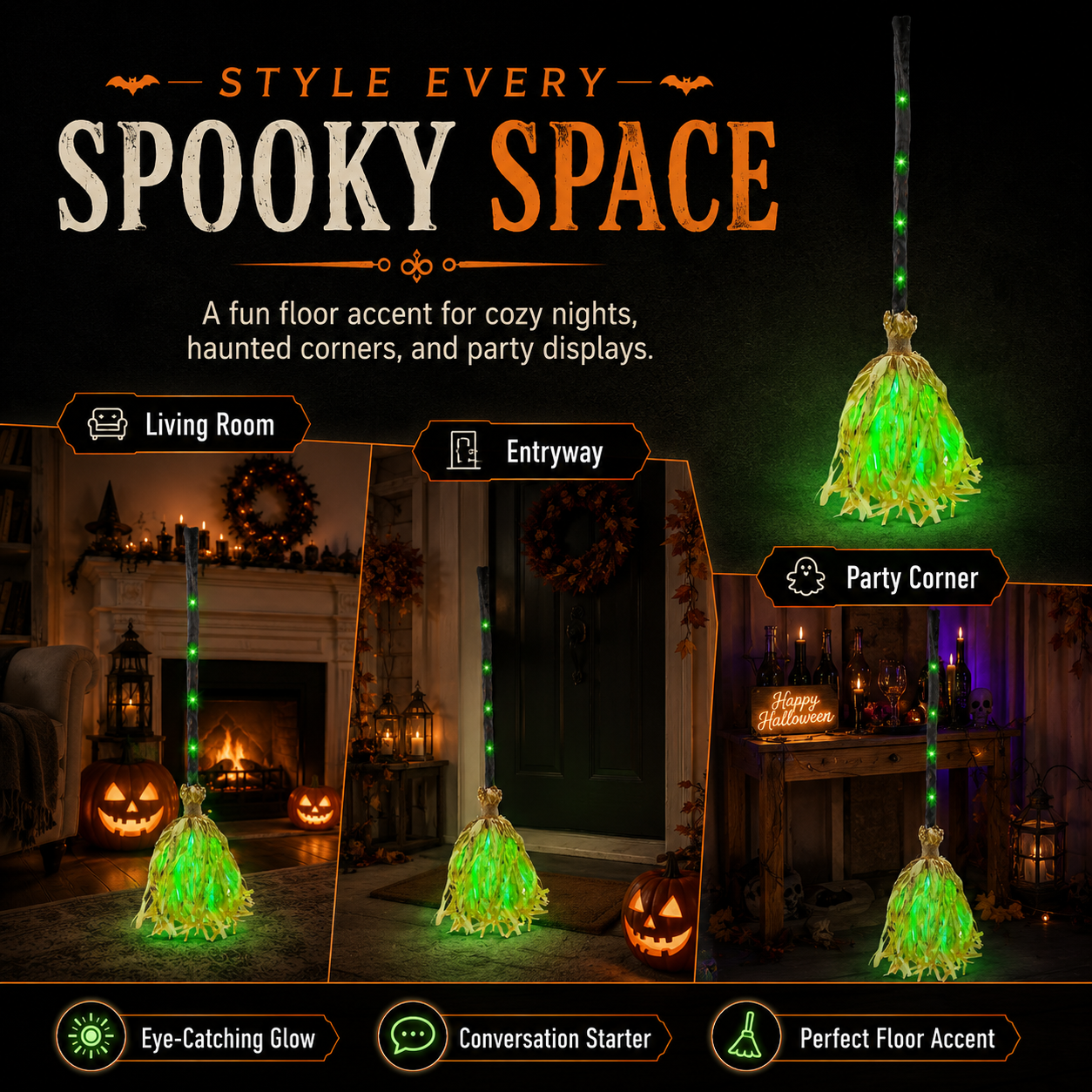 Light Up Walking Witch Broom | Animated Halloween Decor