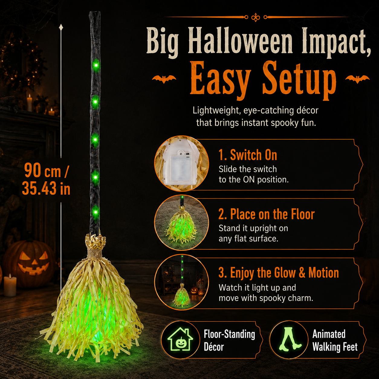 Light Up Walking Witch Broom | Animated Halloween Decor