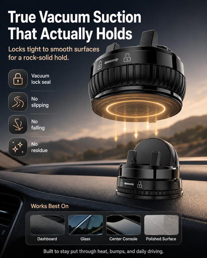 🚗 Vacuum Lock Car Phone Mount – Rock-Solid Hold, 360° Rotation