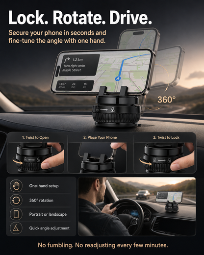 🚗 Vacuum Lock Car Phone Mount – Rock-Solid Hold, 360° Rotation