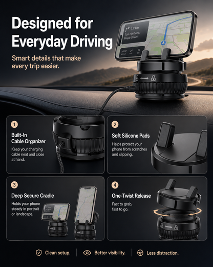🚗 Vacuum Lock Car Phone Mount – Rock-Solid Hold, 360° Rotation