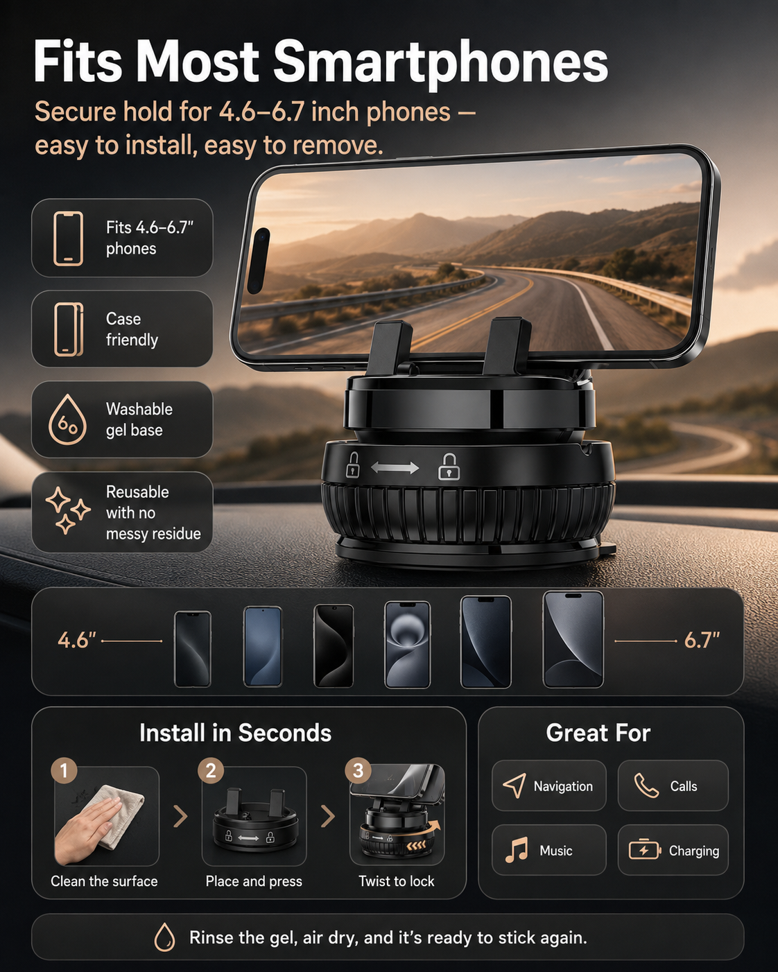 🚗 Vacuum Lock Car Phone Mount – Rock-Solid Hold, 360° Rotation