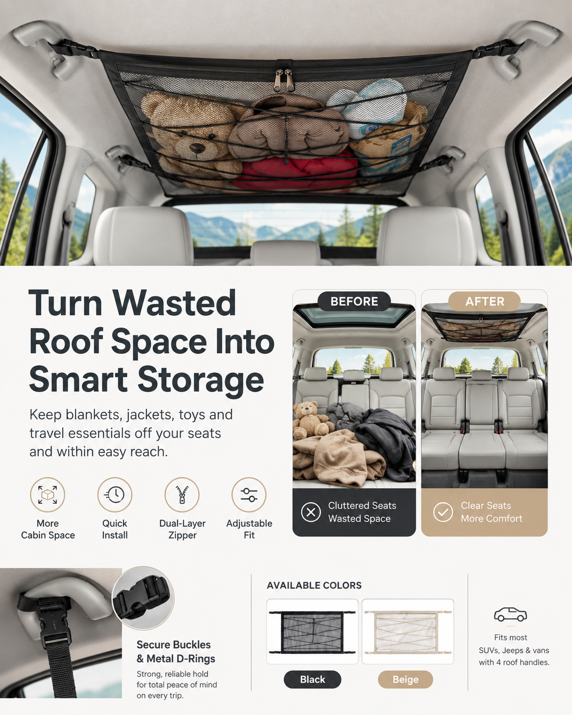🚙 Car Ceiling Cargo Net Organizer – Smart Overhead Storage for SUVs & Vans