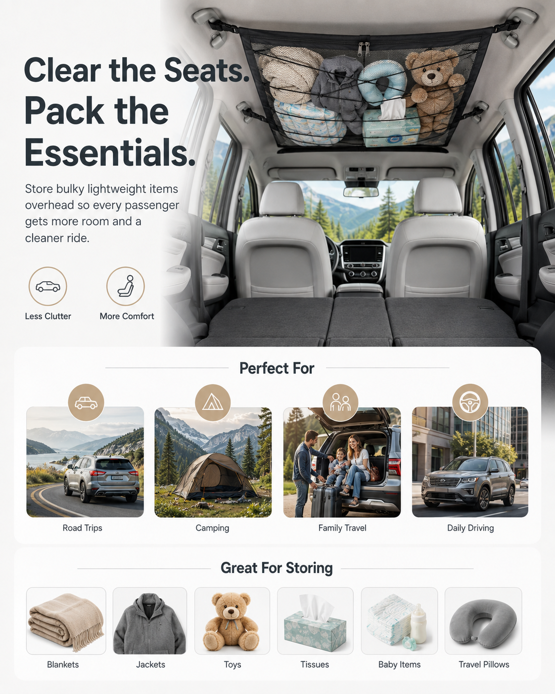 🚙 Car Ceiling Cargo Net Organizer – Smart Overhead Storage for SUVs & Vans