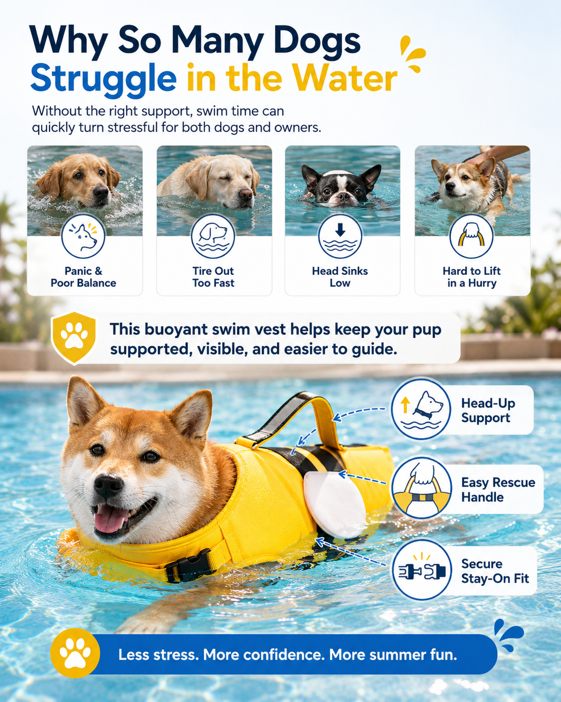 Cute Dog Life Jacket with Chin Float & Rescue Handle