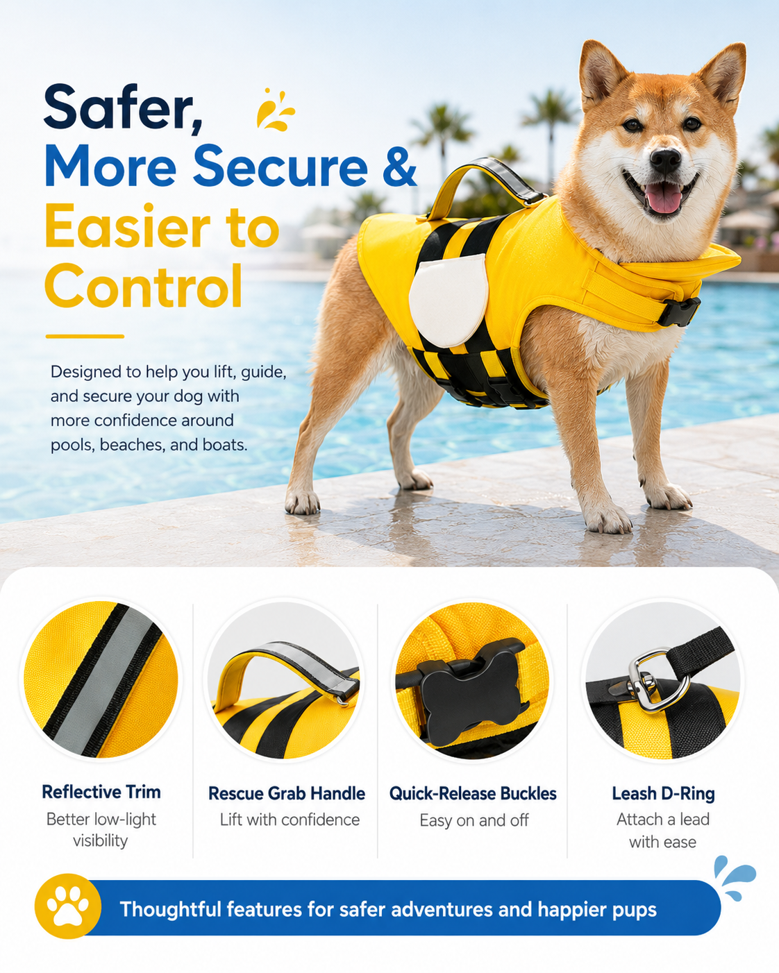 Cute Dog Life Jacket with Chin Float & Rescue Handle