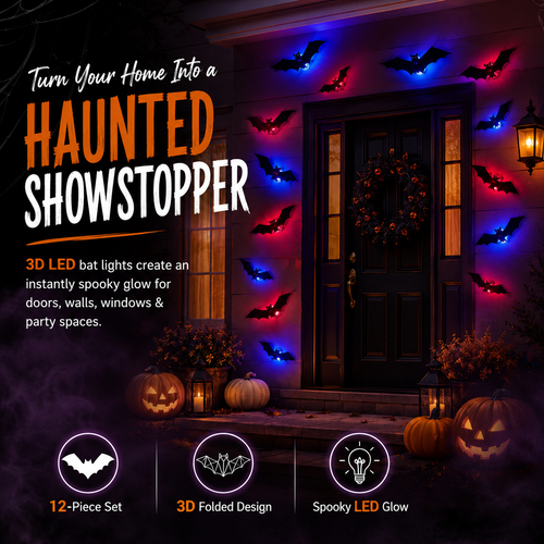 12-Piece 3D LED Bat Lights | Halloween Wall Decorations