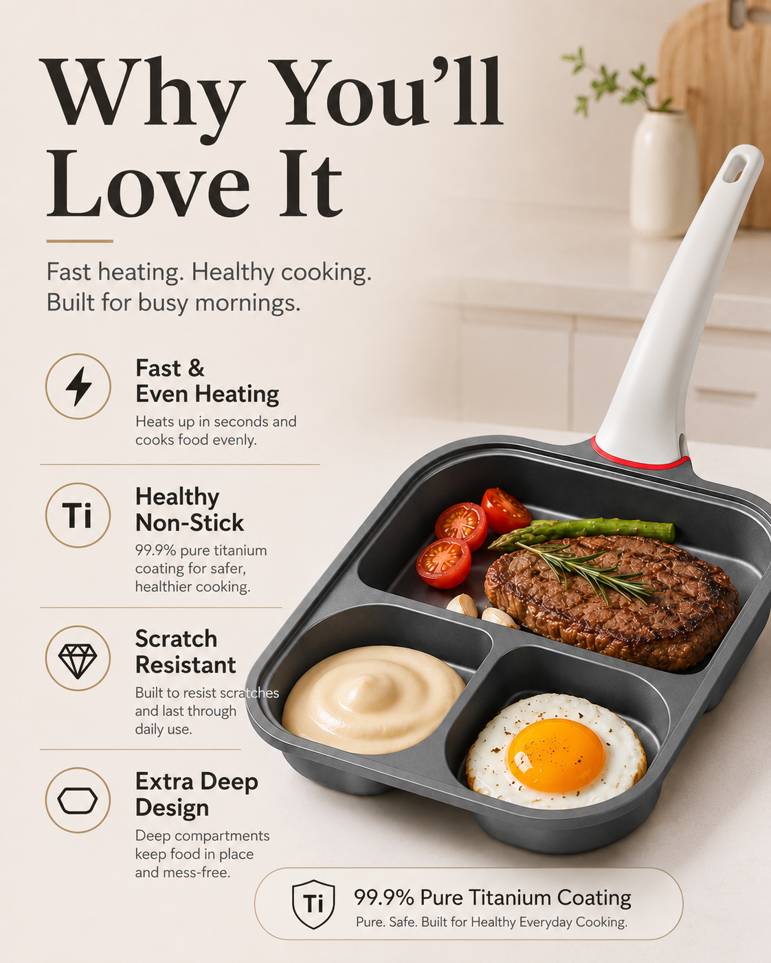 Pure titanium alloy, uncoated, 100% healthy and safe breakfast cooker – the top choice for your family's health.