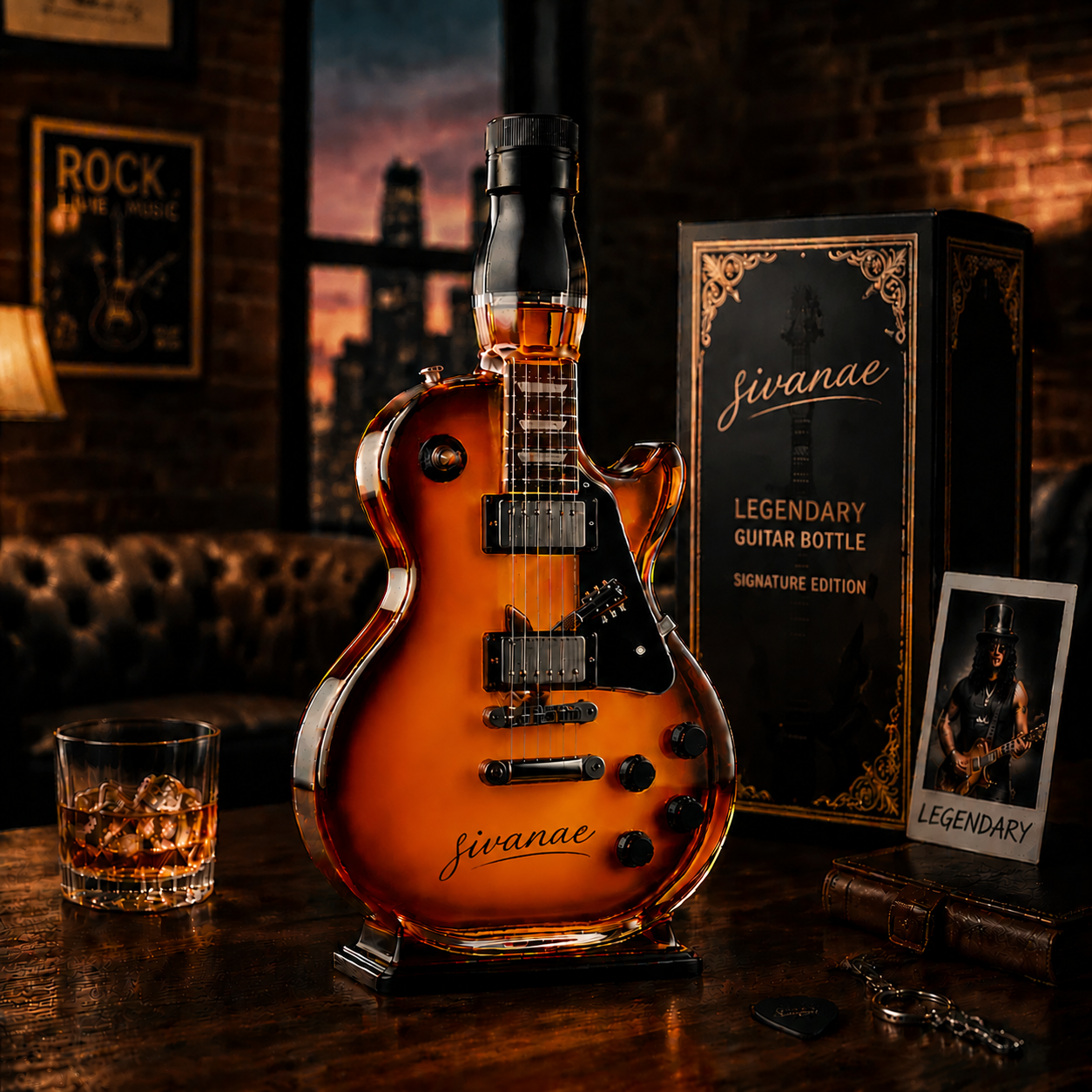 Last Day 49% OFF – 🔥Appetite for Rock: Vintage Sunburst Guitar Figurine Spirit Bottle
