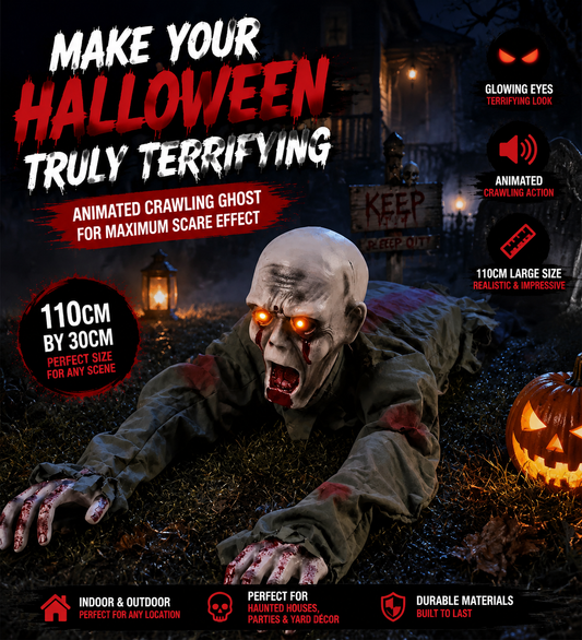 🎃 Limited-Time 50%OFF Halloween Sale | Animated Crawling Ghost with Glowing Eyes – 110cm Horror Decoration