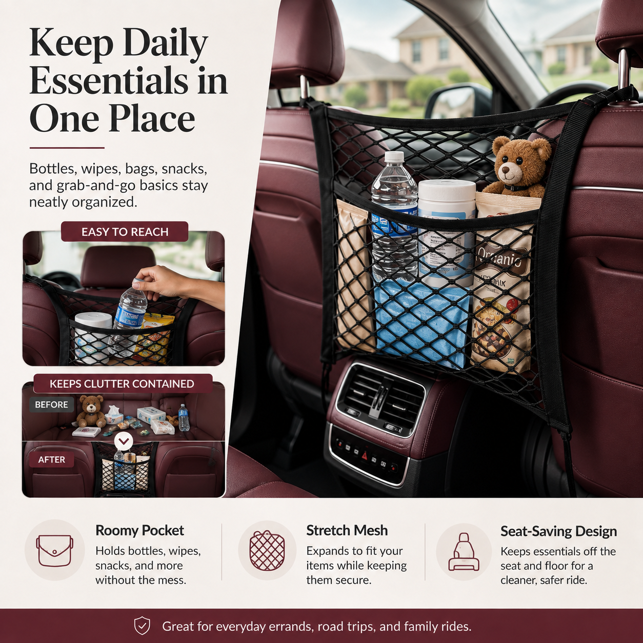 Car Seat Storage Net Organizer | Stretch Mesh Barrier