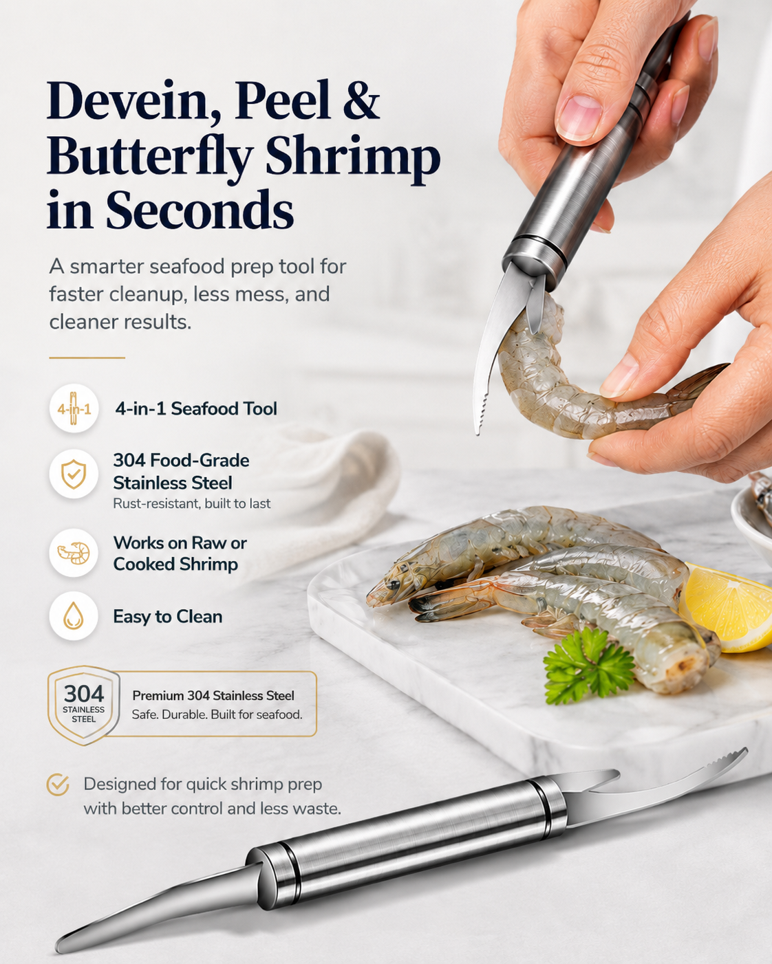 304 Stainless Steel Shrimp Deveiner & Peeling Tool