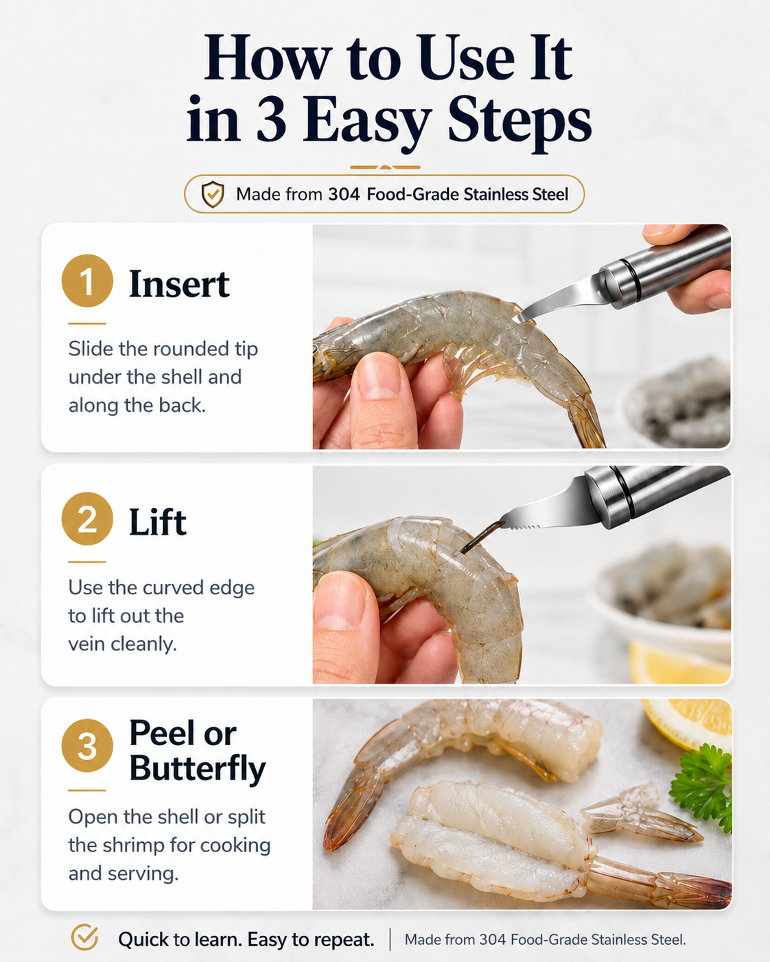 304 Stainless Steel Shrimp Deveiner & Peeling Tool