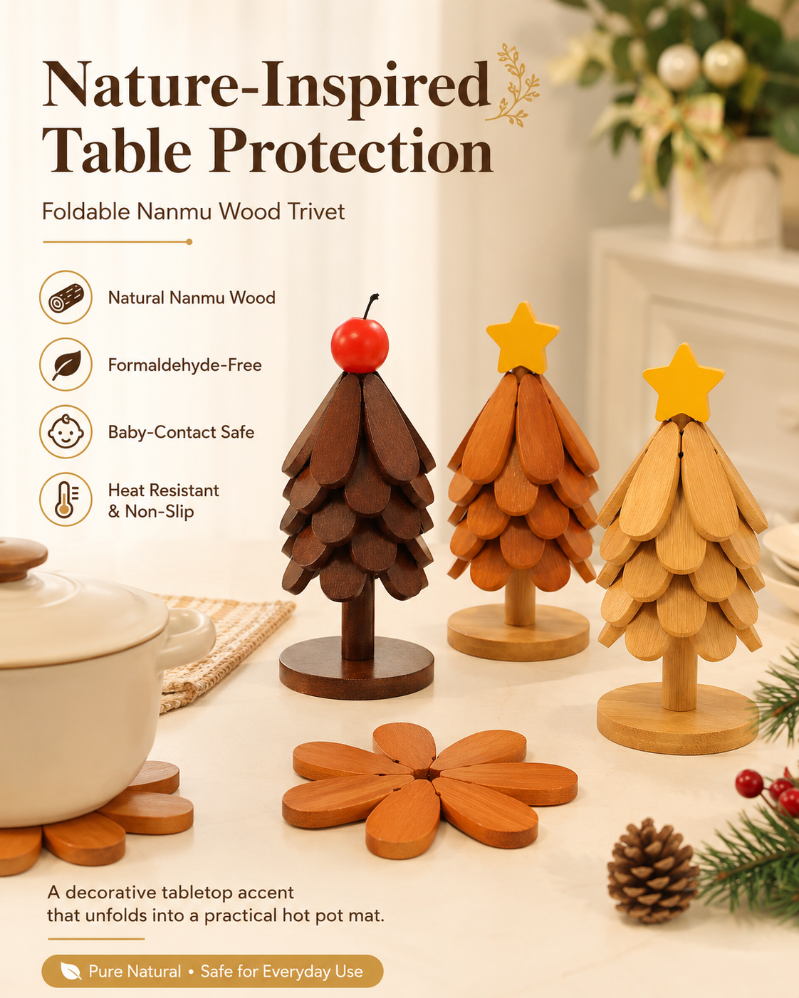 Foldable Nanmu Wood Trivet – Decorative Tree Hot Pot Mat
