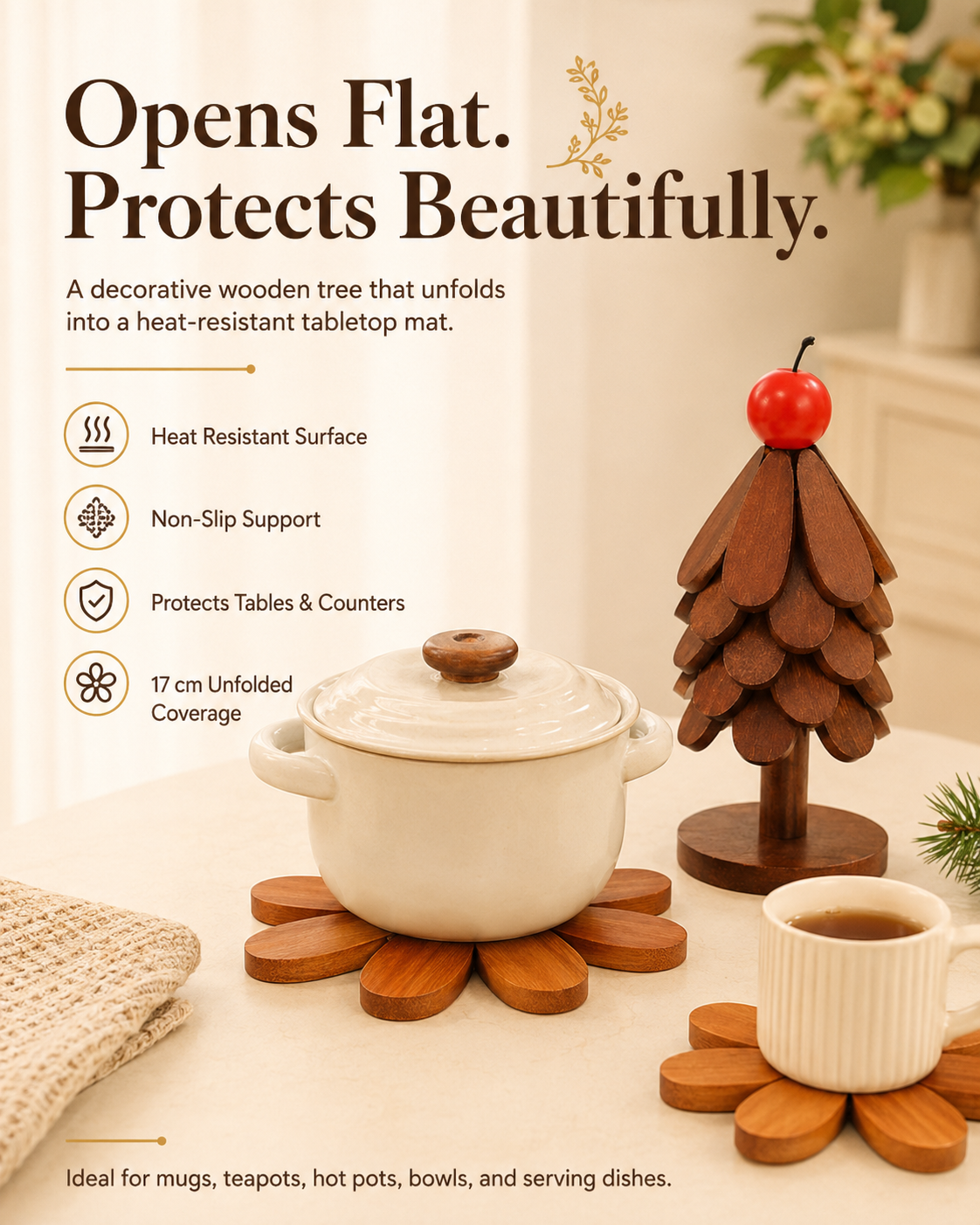 Foldable Nanmu Wood Trivet – Decorative Tree Hot Pot Mat