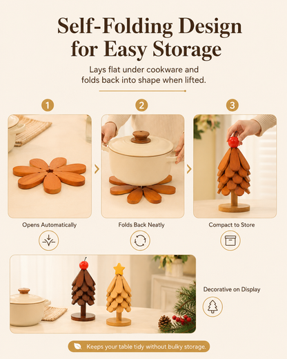Foldable Nanmu Wood Trivet – Decorative Tree Hot Pot Mat