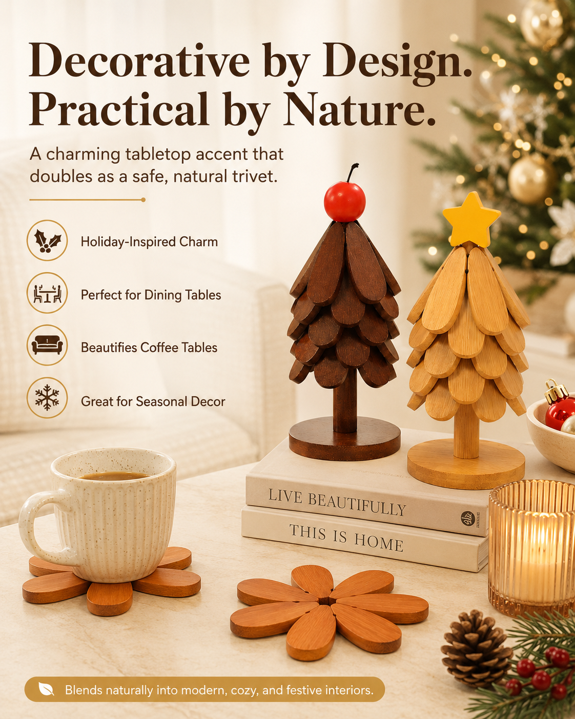 Foldable Nanmu Wood Trivet – Decorative Tree Hot Pot Mat